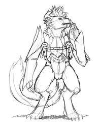 2014 bottomless charr fangs feline female guild_wars horn looking_up mammal monochrome pussy sketch slash0x standing video_games