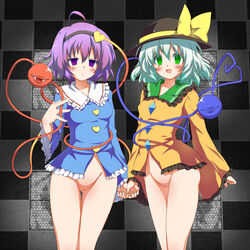 2girls ahoge blush checkered checkered_background chikyuujin_a empty_eyes green_eyes green_hair hat koishi_komeiji multiple_girls open_mouth purple_eyes purple_hair satori_komeiji short_hair sisters smile touhou uncensored