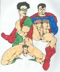 2boys artist_request batman_(series) black_hair blue_eyes bottomless circumcised clark_kent company_connection dc dc_comics domino_mask erect_nipples erection exposed_nipples flaccid gay gloves imminent_sex jason_todd male male_only multiple_boys multiple_males multiple_penises muscles penis_size_difference pink_nipples robin_(dc) robin_(jason_todd) shirt_up spread_legs superman superman_(series) undressing veiny_penis yaoi