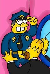 2boys against_wall balding balls_outline blowjob blowjob_face cheating_husband chief_wiggum closed_eyes clothed clothed_sex cock_gobble cock_hungry colored confusion cum_hungry erection facial_hair fellatio gay giving_head going_down_on holding_hat homer_simpson human indoors male male_only mirror multiple_males necktie oral_insertion oral_sex pants_open penis_in_mouth penis_out pink_background police_uniform reflection sucking sucking_off suit teeth_clenched the_simpsons yaoi yellow_skin