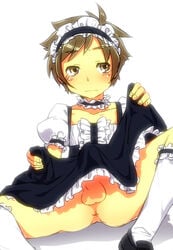 1boy ass asshole balls blush blushing brown_hair butt butthole choker crossdressing embarrassed ken_amada lifting_skirt maid maid_dress maid_headdress maid_outfit maid_uniform male_only megami_tensei persona_3 short_hair showing_ass shy solo solo_male