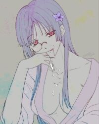 65535sbnb after_fellatio after_oral blue_hair cleavage cum cum_in_mouth cum_on_face female female_only flower_in_hair gintama hime_cut imai_nobume kimono licking_lips long_hair looking_at_viewer medium_breasts monocle no_bra red_eyes smile solo upper_body wearing_others_clothes