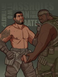 2boys artist_request augustus_cole balls_out black_hair buzz_cut dark-skinned_male dominic_santiago ear_piercing earring erect_nipples facial_hair flaccid gay gears_of_war gloves headband holding_penis imminent_sex looking_at_viewer male multiple_males muscular muscular_male one_eye_closed pants_open partially_retracted_foreskin penis_out sleeveless_shirt tattoo topless uncut yaoi