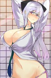 between_breasts blush breasts cleavage female grey_eyes huge_breasts kusanagi_kaoru long_hair navel necktie necktie_between_breasts nipple_slip nipples open_mouth original panties pink_panties solo underwear underwear_only white_hair