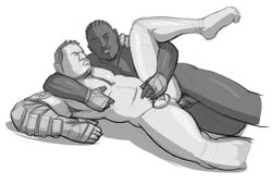 2boys anal_penetration anal_sex arm_around_neck closed_eyes condom_on_penis cum_in_ass cum_inside cum_while_penetrated dark-skinned_male dominic_santiago ear_piercing earrings erect_nipples erection fingerless_gloves gay gears_of_war gloves hand_on_chest hand_on_shoulder holding_penis interracial jayson_stratton leg_up legs_held_open male multiple_males orgasm_face reach_around socks tagme tattoo yaoi