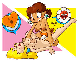 breasts brown_hair color female female_only hair human insertion mario_(series) multiple_females multiple_girls nintendo nipples praiz princess_daisy princess_peach strap-on super_mario_bros. super_princess_peach tagme yellow_hair yuri