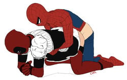 2boys anal anal_sex bent_over blush ccel clothed_sex crossdressing deadpool doggy_style dress gay happy_sex holding hugging male male_only marvel mask masked peter_parker smooth_skin spandex spider-man spider-man_(series) wade_wilson yaoi