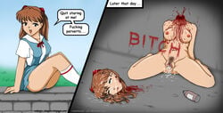 1girls 2koma areolae asuka_langley_sohryu before_and_after blood breasts clothing cum cum_inside cum_on_face cum_on_hair death decapitation defeat defeated_villainess english_text female female_death female_focus female_only gore guro headless instant_loss_2koma medium_breasts necrophilia neon_genesis_evangelion nipples nude panties profanity pubic_hair pussy rape s2x severed_head snuff speech_bubble straight_hair tagme unshaved_pussy