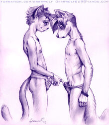 2011 anthro canine erection feline fur furry furry_only gay grrrwolf male penis purple sketch topless underwear