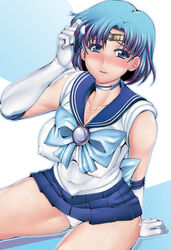 1girls ami_mizuno big_breasts bishoujo_senshi_sailor_moon blue_eyes blue_hair blush choker clothing erect_nipples erect_nipples_under_clothes female female_only gloves highres large_breasts panties red-rum sailor_mercury skirt smile solo tiara visible_nipples