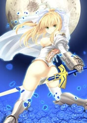 1girls ahoge areolae armor artoria_pendragon ass blonde_hair bottomless breasts fate/stay_night fate/zero fate_(series) female full_moon fusataka_shikibu gauntlets greaves green_eyes hair_ribbon long_hair looking_at_viewer looking_back masturbating_with_weapon masturbation moon night nipples no_panties open_mouth ponytail pussy pussy_juice ribbon saber solo sword thighhighs tied_hair uncensored weapon white_legwear