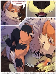 2013 anal anthro arcanine blue_eyes burning_curiosity canine comic dialog elan_ardor english_text fox furry girly herraardy incest male mammal ninetales nintendo penetration pokemon pokemon_(species) scy_storm sex text tyson_ardor video_games yaoi