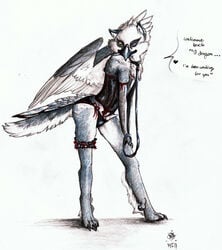 anthro avian beak bird blue canine collar corset crossdressing damoni feathers fur furry gryphon leash mjoellnir panties paws penis tail tailfeathers underwear white_background white_feathers wings wolf wolfgryph