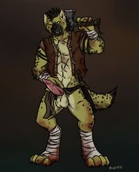 1boy 2011 aggrobadger anthro balls erection furry gnoll hyena loincloth male male_only penis piercing solo straight_hair tribal weapon