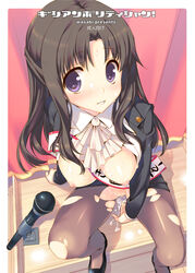 1girls ascot bangs between_breasts black_legwear blush breasts brown_hair buttons clitoris clothes_between_breasts cum cum_on_body cum_on_breasts cum_on_upper_body cum_pool facial female foreshortening formal from_above high_heels long_hair microphone open_clothes open_shirt original pantyhose parted_bangs pubic_hair purple_eyes sash shirt shoes sitting skirt_suit smile solo suit tatami_to_hinoki torn_pantyhose unbuttoned