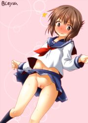 black_legwear blush brown_hair female flat_chest folded_ponytail full-face_blush inazuma_(kantai_collection) kantai_collection leaf navel no_panties pussy school_uniform serafuku short_hair skirt skirt_lift socks solo surprised sweat twitter_username wind_lift yua_(checkmate)