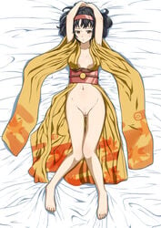 areolae arms_up bad_id barefoot bed black_hair breasts brown_eyes cleavage dakimakura erect_nipples erika_(pokemon) female female_only furisode gym_leader hairband highres human japanese_clothes kimono lying navel nintendo nipples no_panties open_clothes open_kimono pokemon pokemon_hgss pussy ruby-eye solo thigh_gap