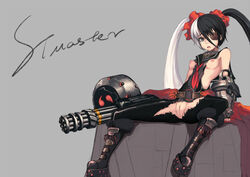 blade_&_soul boots breasts eye_patch female gatling_gun gun innie_pussy nipples open_mouth pohwaran pussy sitting small_breasts solo spread_legs stmaster tied_hair torn_clothes twintails two_tone_hair uncensored weapon