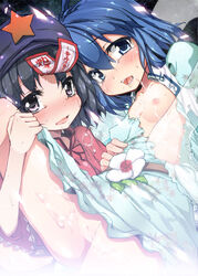 bare_legs black_eyes black_hair blue_eyes blush cum cum_on_body cum_on_lower_body flat_chest flower hat jiangshi leg_lift multiple_girls nipples no_panties oborozuki ofuda open_mouth pussy rougetsu_(eclipse) seiga_kaku short_hair sweat torn_clothes touhou yoshika_miyako