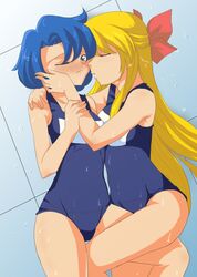 2girls ami_mizuno bishoujo_senshi_sailor_moon blonde_hair blue_hair blush bow cresento female female_only hairbow human long_hair minako_aino multiple_girls nipples one-piece_swimsuit saliva school_swimsuit short_hair swimsuit wet yuri