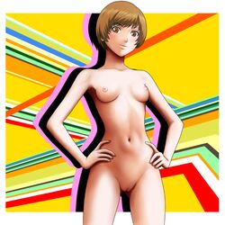 1girls breasts brown_eyes brown_hair female hands_on_hips navel nike_(artist) nipples nude persona persona_4 pussy satonaka_chie short_hair solo tomboy uncensored