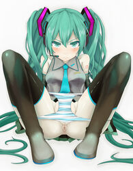 angry anus apacchi aqua_eyes aqua_hair bare_shoulders black_legwear blush fat_mons hatsune_miku headphones headset long_hair panties panty_pull simple_background sitting skirt solo spread_legs striped striped_panties thighhighs tied_hair twintails underwear very_long_hair vocaloid