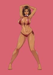 1girls almost_naked amida_arca arms_up big_breasts bikini blue_eyes bowtie bowtie_collar brown_hair cirenk dark-skinned_female earrings gundam gundam_tekketsu_no_orphans lipstick looking_at_viewer milf navel partially_clothed scar solo_focus swimwear tan_body thick_thighs white_collar