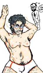 annoyed_expression barely_visible_blush black_eyes el_cuarteto_de_nos glasses gray_hair hairy_armpits hairy_belly horny looking_at_viewer posing_for_the_viewer santiago_tavella sweating underwear_only