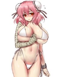 2d alternate_costume bandages big_breasts bikini blush bondage breasts bun_cover cuffs double_bun female female_only hair_bun hayama_kazusa highleg highleg_bikini highleg_swimsuit huge_breasts ibaraki_kasen kasen_ibaraki light-skinned_female light_skin looking_at_viewer mature_female navel pale-skinned_female pale_skin pink_hair red_eyes short_hair side-tie_bikini_bottom simple_background skindentation solid_color_background solo swimsuit touhou white_background white_bikini