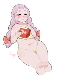 bikini braids chubby_belly closed_eyes eating fat_woman female hair_ribbon jasminka_antonenko little_witch_academia potato_chips purple_hair