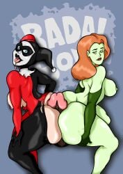 1boy 2girls buttjob covered_buttjob dark-skinned_male double_buttjob glory_hole green_skinned_female harley_quinn harley_quinn_(classic) light-skinned_female poison_ivy uncleglob