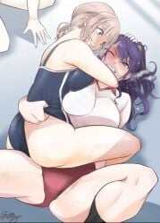 2girls angry_face artist_request asahina_mafuyu blue_eyes breast_squish brown_hair catfight choke_hold domination grin gym_uniform legs_apart mochizuki_honami multiple_girls ponytail project_sekai pulling_clothing purple_hair school_swimsuit submission_hold sweat watermark wrestling wrestling_ring