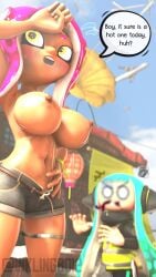 3d agent_3_(splatoon) agent_8_(splatoon) big big_ass big_breasts blush breath casual clothing dark_skin female fitness hot_day inkling inkling_girl inklingboi2 nose_bleed octoling octoling_girl shorts splatoon sunlight sweat thick_thighs thin_waist