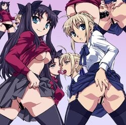 2girls ahoge alternate_legwear anus artoria_pendragon ass bar_censor black_legwear blonde_hair blouse blue_eyes breasts censor_bar censored dildo fate/stay_night fate_(series) female female_only from_behind garter_straps garters kamisimo_90 kissing licking looking_back multiple_girls no_panties no_pants open_mouth oral pussy skirt skirt_lift smile spread_anus strap-on thighhighs tohsaka_rin tongue yuri