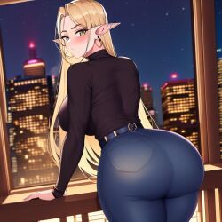 1girls ai_generated alborewimi arched_back ass ass_focus belt big_ass big_breasts big_butt black_shirt black_sleeves blonde_hair boobs_and_butt_pose curvy earrings elf elf_ears fat_ass green_eyes heavenly_ass indoors light-skinned_female looking_at_viewer looking_back massive_butt mature_female nai_diffusion oblivious pointy_ears rear_view stable_diffusion thick_ass tight_clothing turtleneck