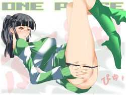 1girls ass black_hair black_panties blush boots breasts brown_eyes censored erect_nipples female female_only fringe glasses high_heels large_breasts legs_up morihama_karute nico_robin one_piece one_piece_film_strong_world panties panty_pull ponytail pre-timeskip pubic_hair pussy shirt shoes side_view smile solo straight_hair striped striped_shirt sweater sweater_dress tied_hair underwear