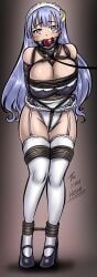 1girls ball_gag big_breasts bondage bound breasts cleavage collar dakuroihoshi date_a_live female female_only femsub gag grey_eyes grey_hair happy_sub high_heels izayoi_miku leash light-skinned_female smile stockings thick_thighs thighs underwear