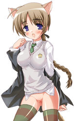 blue_eyes blush bottomless braid brown_hair cat_ears clothing lynette_bishop medium_breasts no_panties nude pointy_chin pussy school_uniform stockings strike_witches striped striped_legwear striped_thighhighs testa thighhighs uncensored