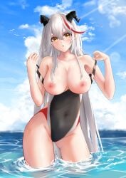 :o aegir_(azur_lane) alternate_costume azur_lane black_one-piece_swimsuit breasts cleavage competition_swimsuit contrapposto day demon_horns female highleg highleg_swimsuit highres horns large_breasts long_hair looking_at_viewer multicolored_hair nipples one-piece_swimsuit outdoors red_hair red_one-piece_swimsuit solo streaked_hair swimsuit thighs turboflower two-tone_hair very_long_hair wading water wet white_hair white_one-piece_swimsuit yellow_eyes