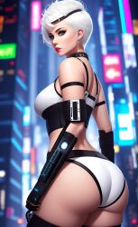 1girls 2023 ai_generated ass blue_eyes city city_background clothed clothed_female collar cyberpunk earrings female female_only looking_back milf prosthetic prosthetic_arm prosthetic_hand prosthetic_hook prosthetic_limb red_lipstick short_hair short_hair_female thighhighs white_hair