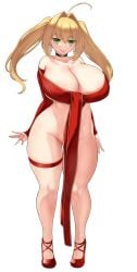 1girls aster_crowley big_breasts big_thighs blonde_hair blush breasts busty cleavage curvy fate/grand_order fate_(series) female full_body green_eyes high_heels huge_breasts huge_thighs large_breasts large_thighs nero_claudius_(fate) solo standing thick_thighs thighs twintails voluptuous