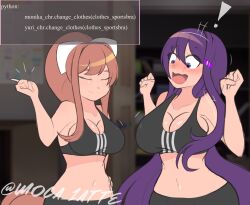 ! 2girls artist_name big_breasts breasts cleavage closed_eyes doki_doki_literature_club eyes_closed long_hair medium_support_(meme) moca_1atte monika_(doki_doki_literature_club) navel purple_eyes purple_hair sports_bra sports_bra_difference_meme twitter_username yuri_(doki_doki_literature_club)