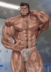 1boy bara barazoku beard big_bulge bulge facial_hair gay hairy huge_bulge jockstrap male male_focus male_only manly muscular_male oyatu55k solo solo_male sweat sweating underwear yaoi