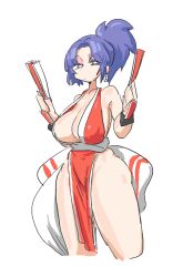 1girls alternate_breast_size ass big_breasts blue_hair breasts earring eyeshadow fan_(object) fatal_fury female holding_fan holding_object huge_breasts king_of_fighters large_breasts leebongchun leona_heidern mai_shiranui_(cosplay) nipple_bulge nipples_visible_through_clothing pelvic_curtain pink_eyeshadow ponytail portrait red_kimono short_hair short_kimono sideboob snk solo thighs white_background