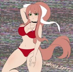 1female 1girls 5_fingers artist_name bare_shoulders bra breasts cleavage doki_doki_literature_club female female_focus female_only girl green_eyes long_hair matching_underwear moca_1atte monika_(doki_doki_literature_club) navel necklace panties red_bra red_panties ring ring_on_finger solo solo_female solo_focus twitter_username