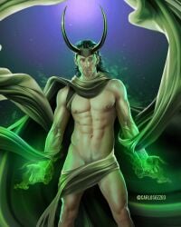 1boy abs actor cape carlos_gzz celebrity covered_crotch horns human human_only in_character light-skinned_male light_skin loki_(marvel) loki_(series) magic male male_only marvel marvel_cinematic_universe muscular muscular_male pecs thor_(series) tom_hiddleston