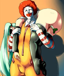 ass beige_skin blindfold blood bottomless carrying closed_eyes clothes clown clown_boy clown_makeup color creepy crossover eastern_and_western_character female fireman's_carry hair hatsune_miku human insertion ketchup leek leek_in_pussy leek_penetration long_hair male mcdonald's negi_suppository no_anus passed_out pussy red_hair ronald_mcdonald saru_ass short_hair smile spring_onion standing thighhighs uncensored unconscious vaginal_insertion vocaloid white_skin