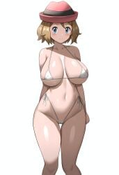 1girls ai_generated bikini blonde_hair blue_eyes breasts celia_1127 female game_freak hat hi_res hips huge_breasts light-skinned_female light_skin nintendo pokemon pokemon_xy serena_(pokemon) short_hair simple_background stable_diffusion thick_thighs thighs wide_hips