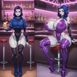 1girls ai_generated before_and_after bimbo bimbofication covered_nipples dc dc_comics gigantic_breasts high_heels hourglass_figure huge_ass huge_breasts leotard otace platform_heels puckered_lips rachel_roth raven_(dc) short_hair superheroine teen_titans thick_thighs thigh_boots toned_female wide_hips