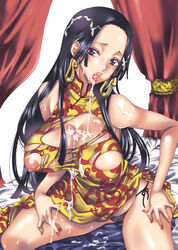 1girls black_hair boa_hancock breasts bukkake china_dress chinese_clothes cum cum_in_mouth cum_on_body cum_on_breasts cum_on_hair cum_on_tongue cum_on_upper_body curtains earrings female female_only jewelry long_hair nail_polish nipple_slip nipples one_piece panties purple_hair solo straight_hair torn_clothes underwear yu-ri_(kurione-sha)